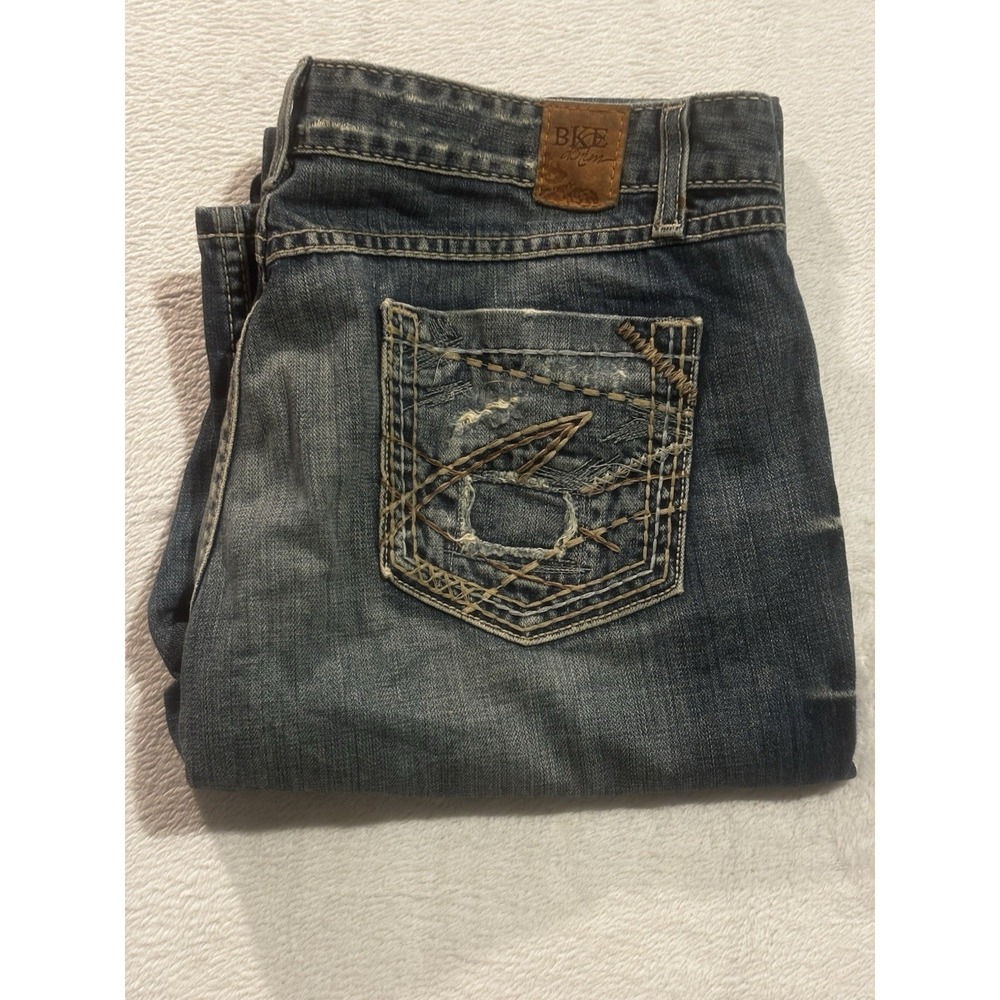 BKE Star Jeans‎ Buckle Boot Cut Mens 34x35.5 Med Wash Distressed Western Raw Hem